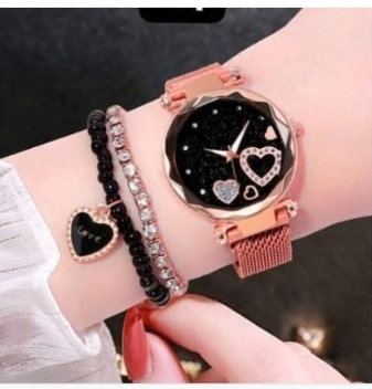 Sky Blue Magnet Mesh Watch & Twin Heart Charms Bracelet