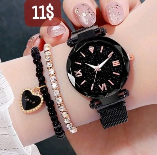 Starry Sky Magnetic Black Watch & Love Hearts Bracelet Set