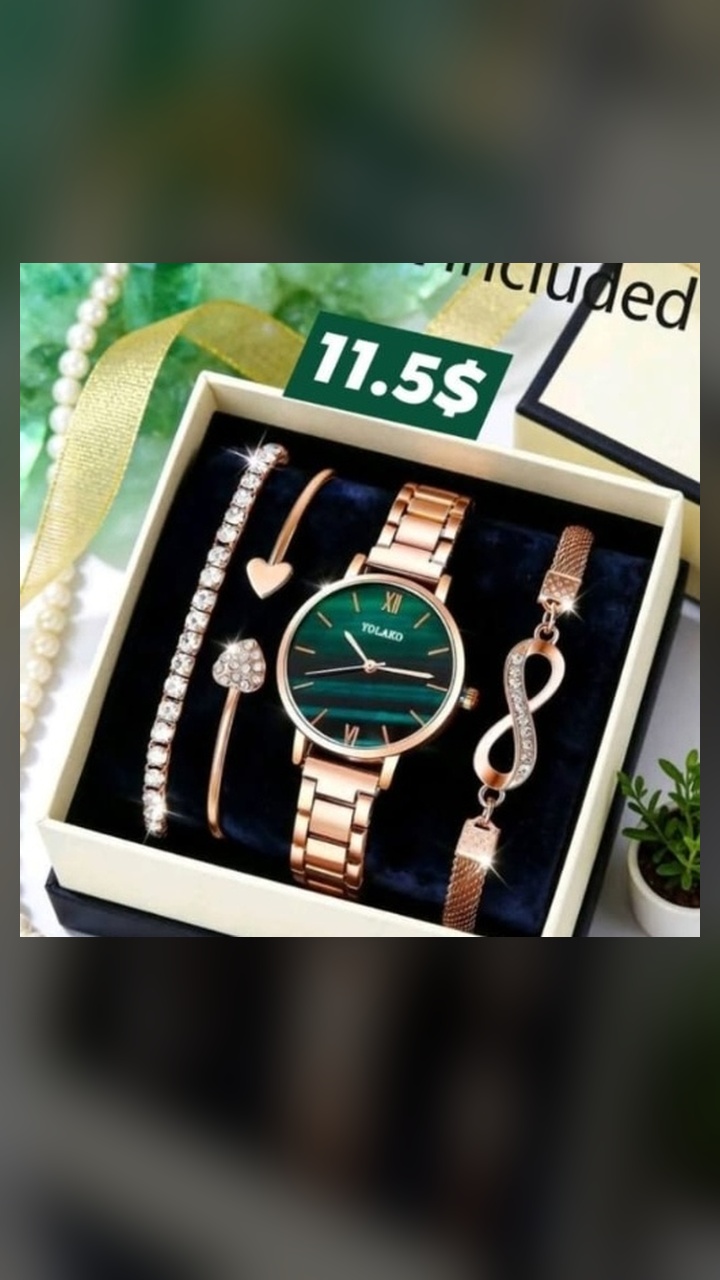 Iconic Yolako Emerald dial watch with 4 stackable gold bangles! 💚 $11.50